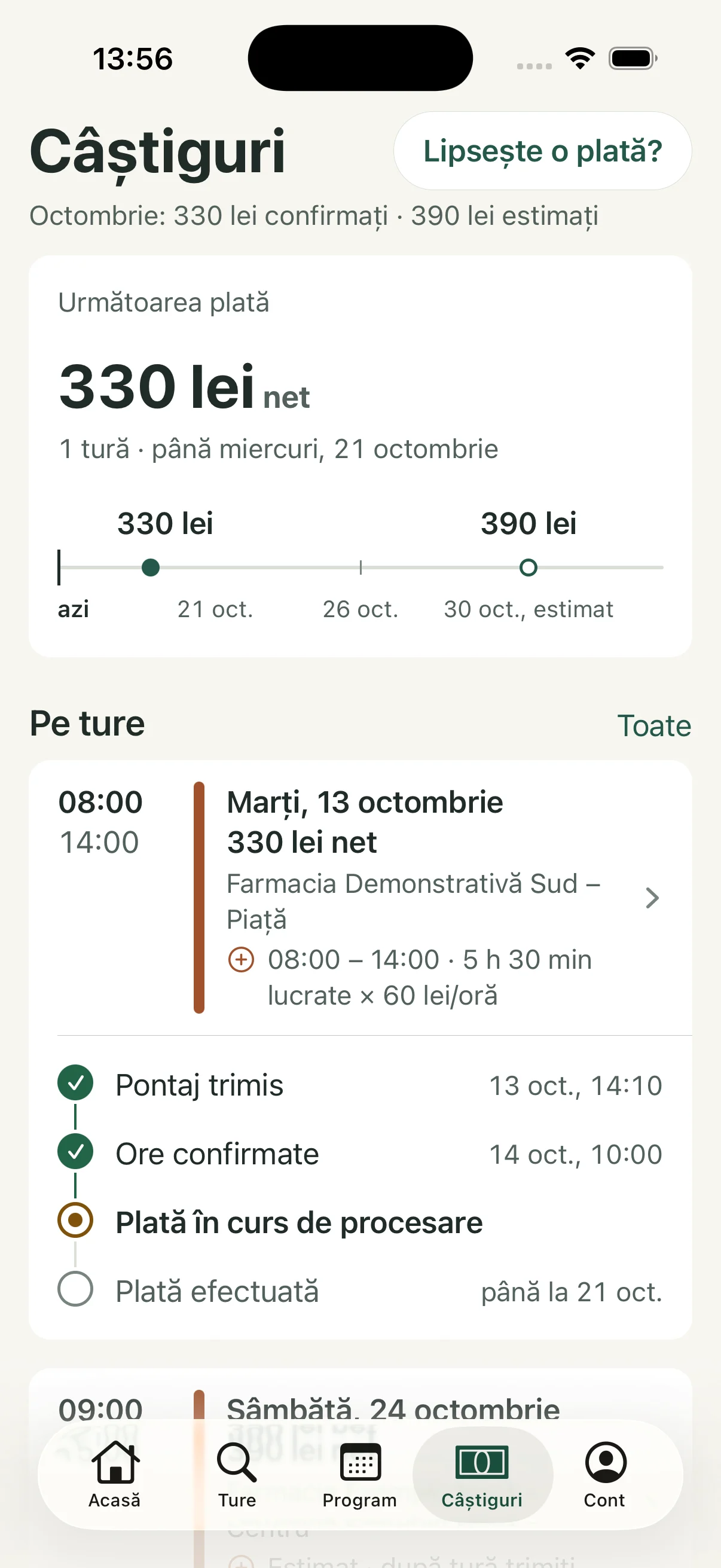 Câștiguri: 330 lei confirmați, 390 lei estimați și etapele plății pentru fiecare tură.