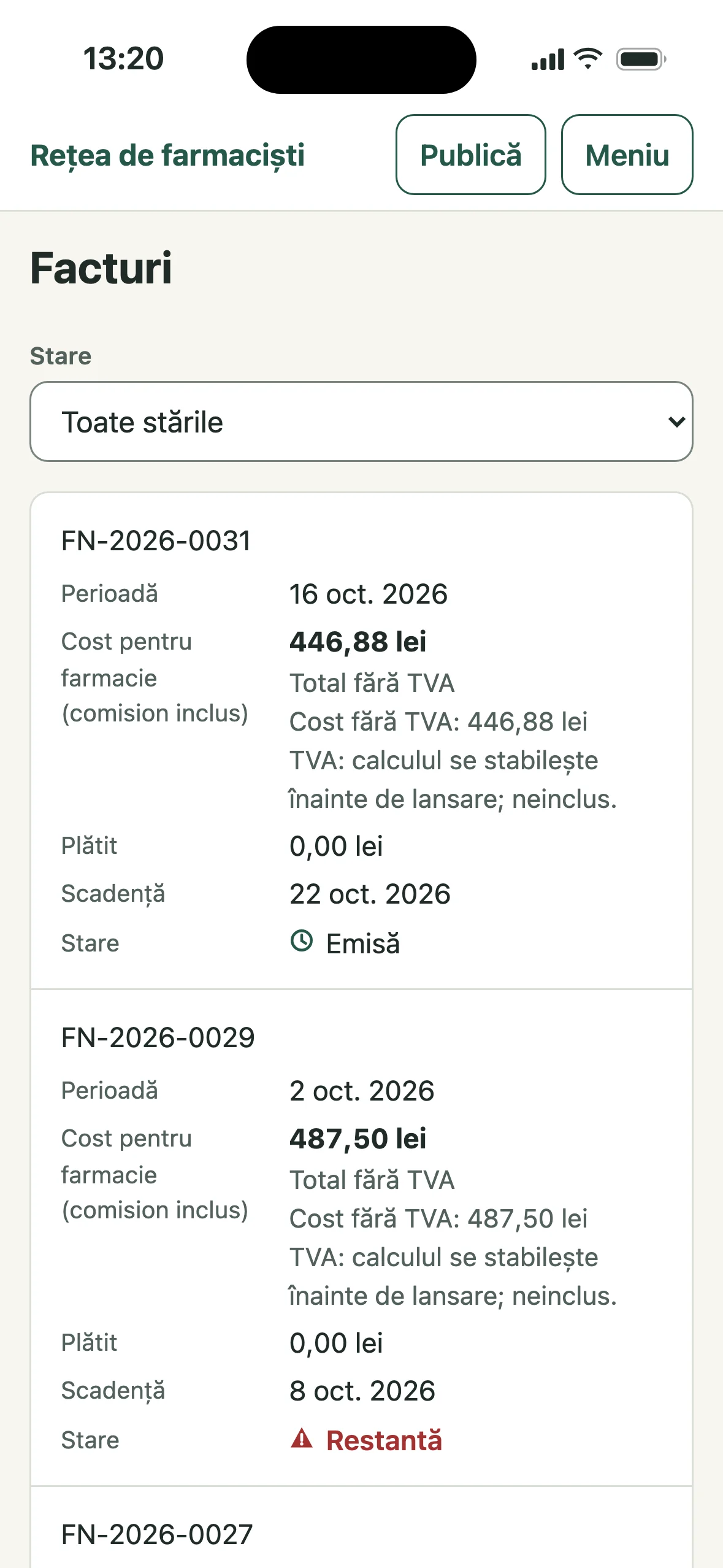 Facturi: FN-2026-0031, 446,88 lei fără TVA, scadentă pe 22 oct. 2026, Emisă; FN-2026-0029, 487,50 lei, scadentă pe 8 oct. 2026, Restantă.