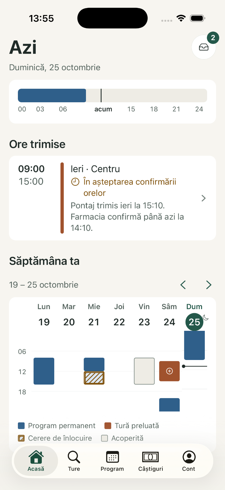 Ore trimise: 1. Ore trimise; 2. În așteptarea confirmării orelor