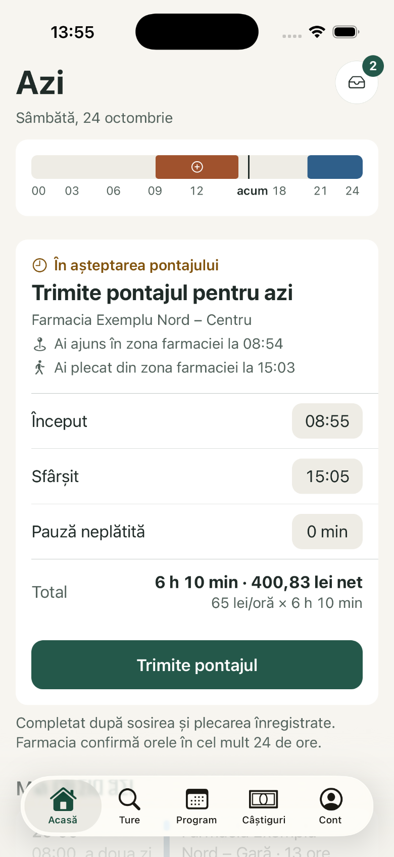Trimite pontajul: 1. Început și Sfârșit; 2. Pauză neplătită; 3. Trimite pontajul