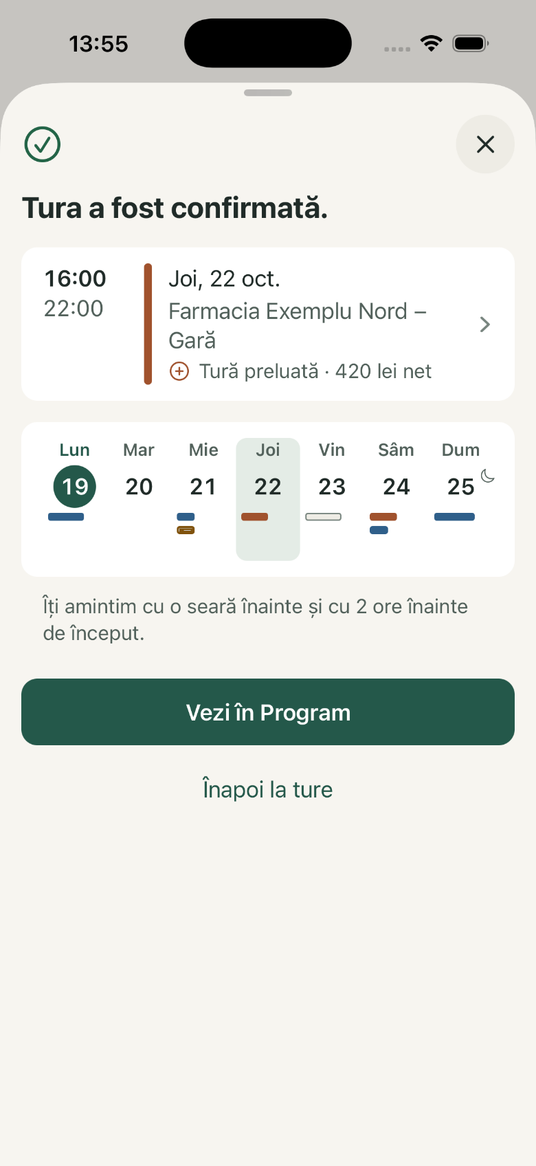 Tură confirmată: 1. Tura a fost confirmată.; 2. Săptămâna actualizată; 3. Vezi în Program