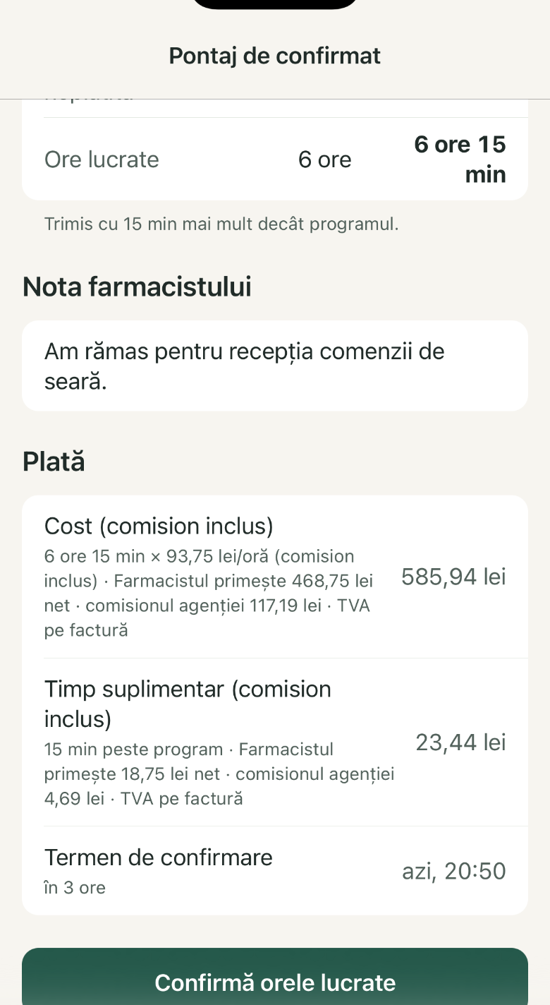 Pontaj de confirmat: 1. Cost (comision inclus); 2. Timp suplimentar; 3. Termen de confirmare; 4. Confirmă orele lucrate