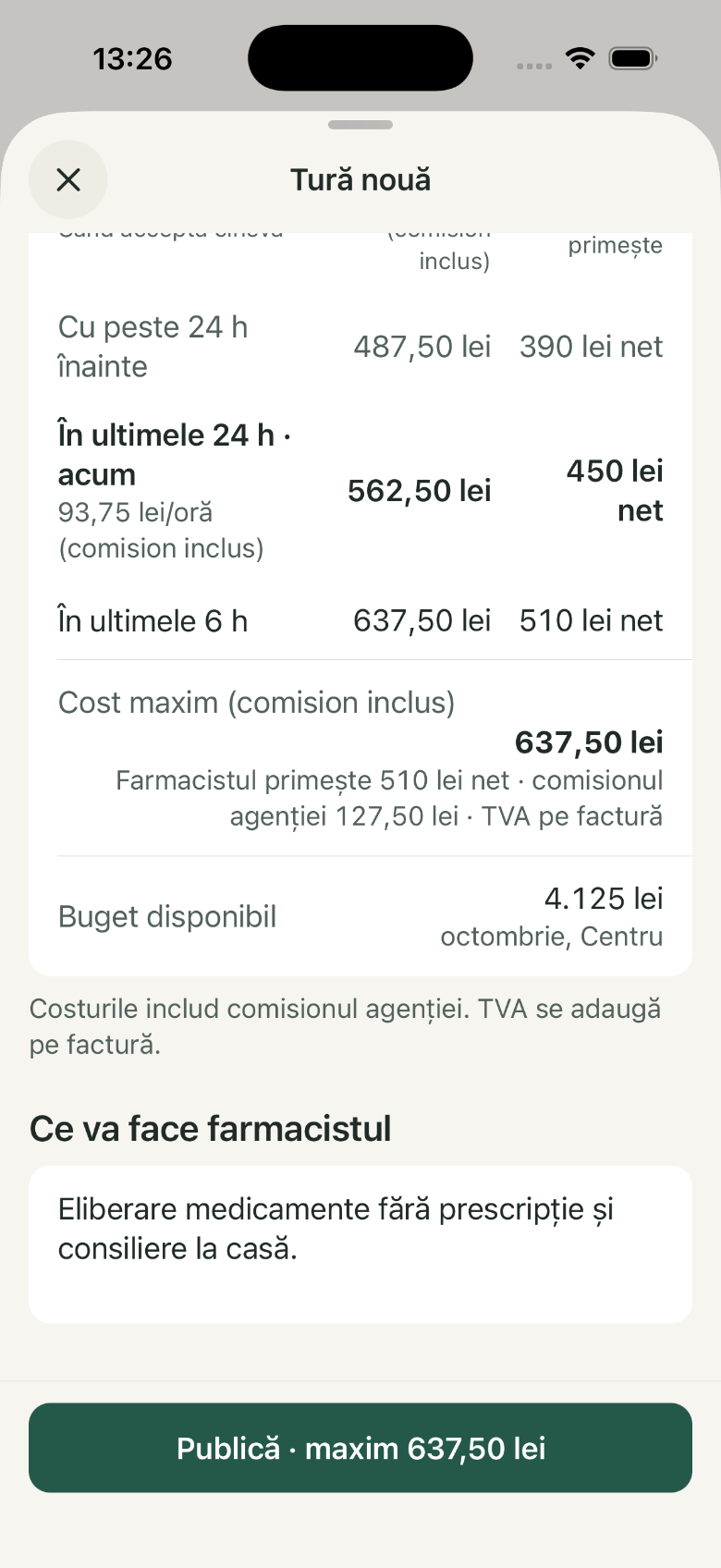 Tură nouă: 1. Cost maxim (comision inclus); 2. Buget disponibil; 3. Ce va face farmacistul; 4. Publică