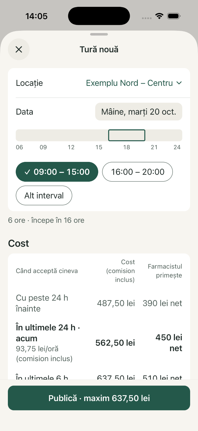 Tură nouă: 1. Locație și Data; 2. Banda zilei și intervalul; 3. Cost (comision inclus); 4. Publică · maxim 637,50 lei
