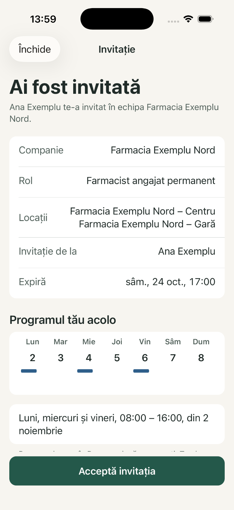 Invitație: 1. Ai fost invitată; 2. Rol și locații; 3. Programul tău acolo; 4. Acceptă invitația