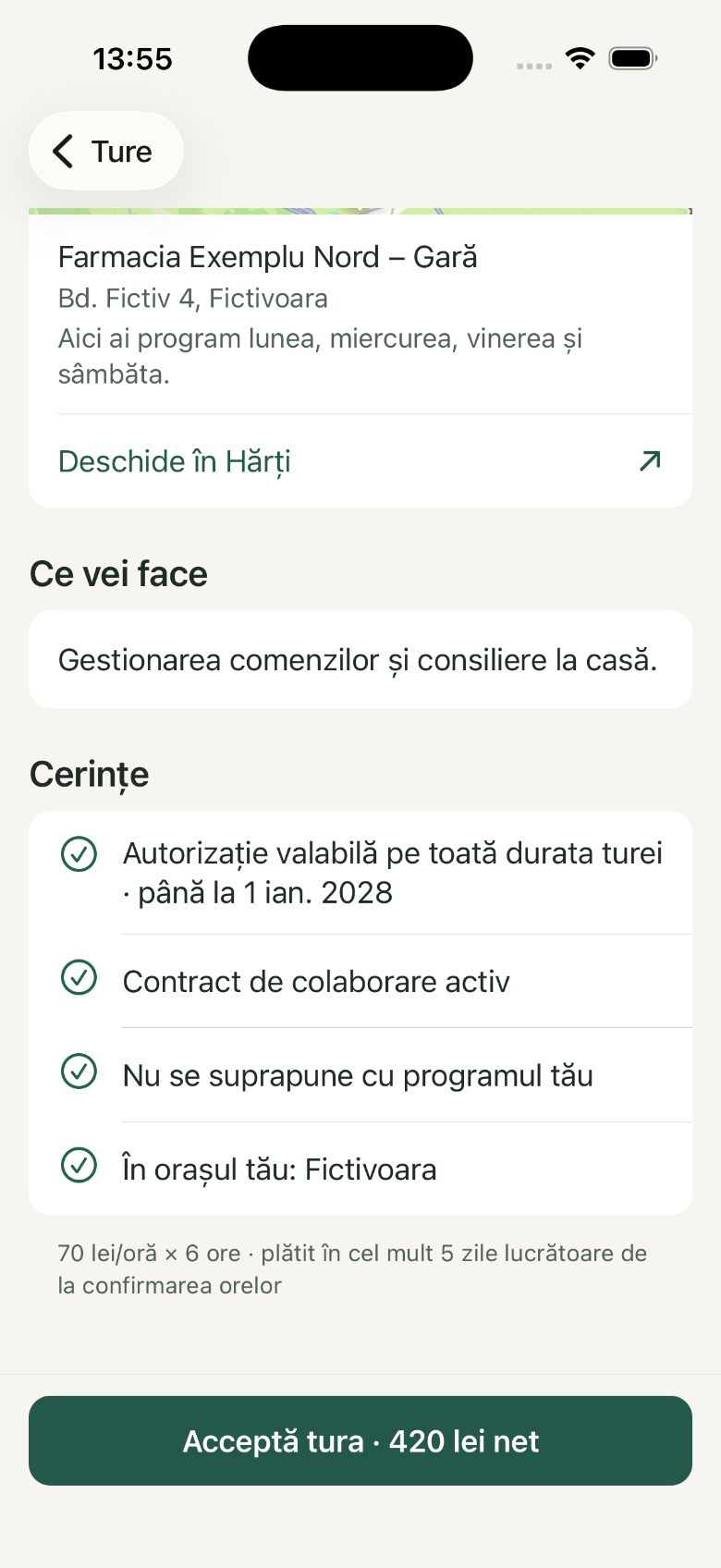 Detalii ofertă: 1. Ce vei face; 2. Cerințe; 3. Acceptă tura