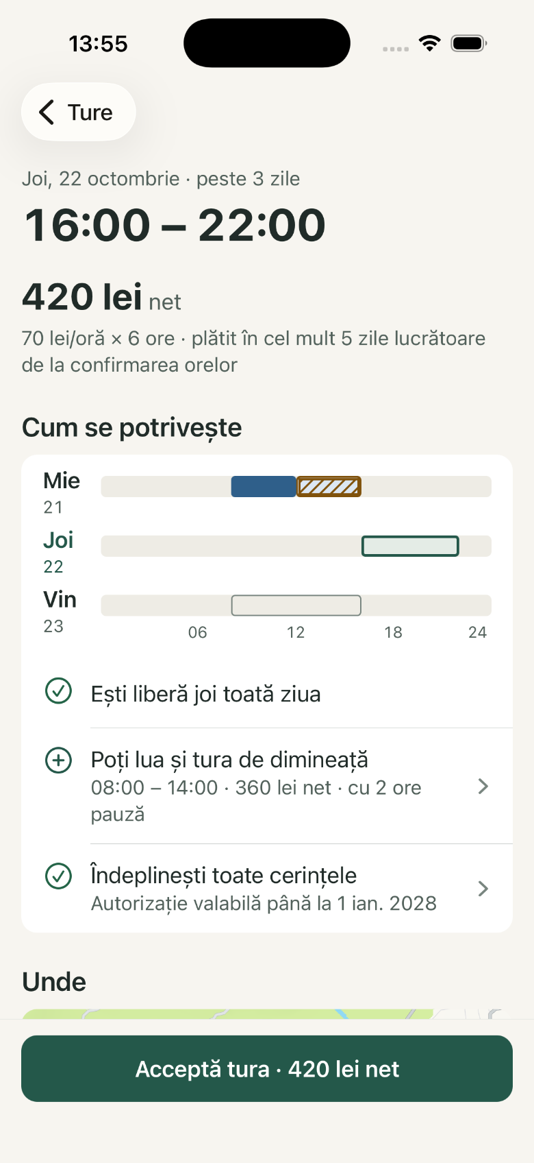 Detalii ofertă: 1. Orele și suma netă; 2. Cum se potrivește; 3. Îndeplinești toate cerințele