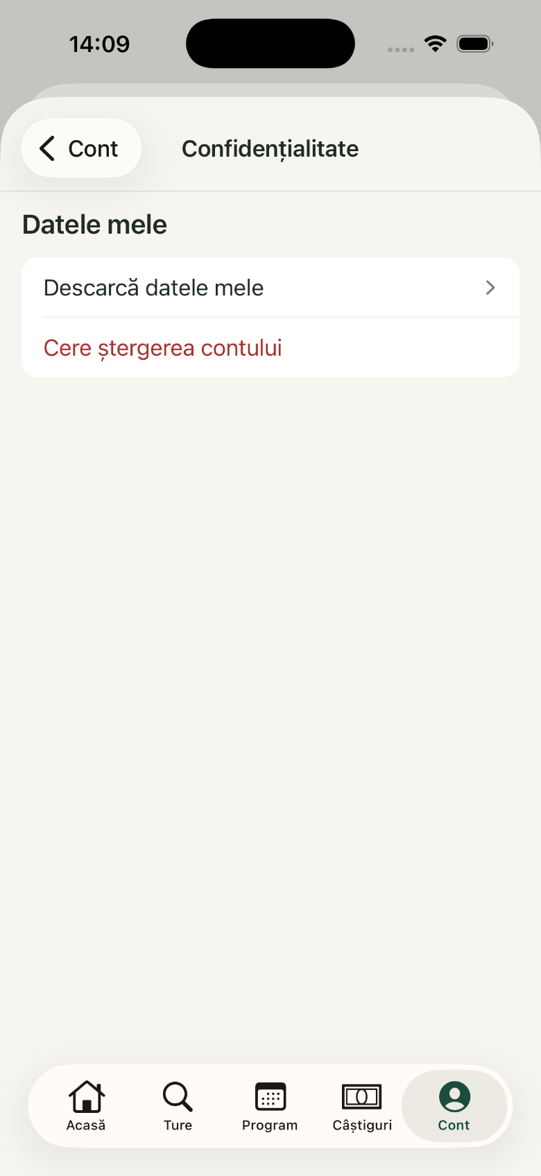 Confidențialitate: 1. Datele mele; 2. Descarcă datele mele; 3. Cere ștergerea contului