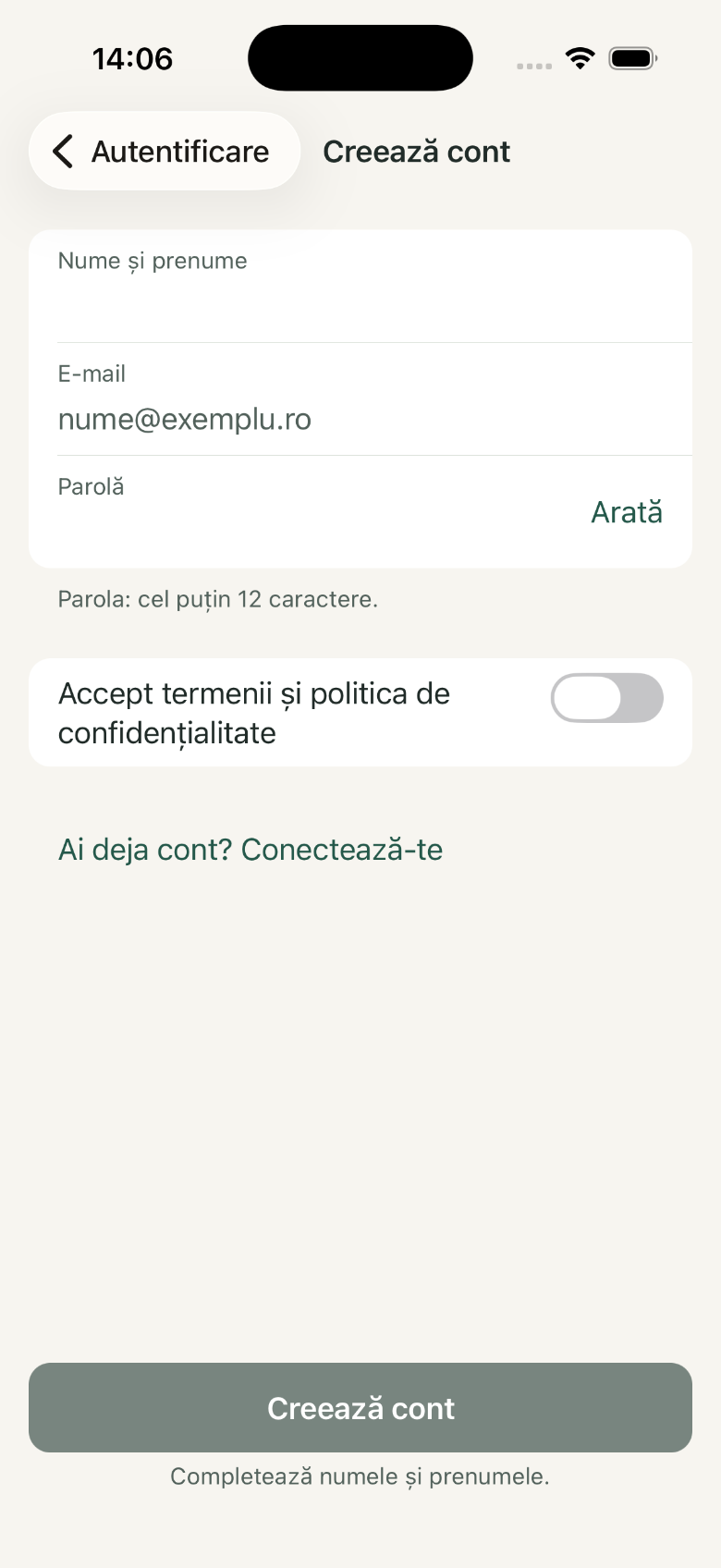 Creează cont: 1. Nume și prenume; 2. Email; 3. Parolă; 4. Accept termenii și politica de confidențialitate