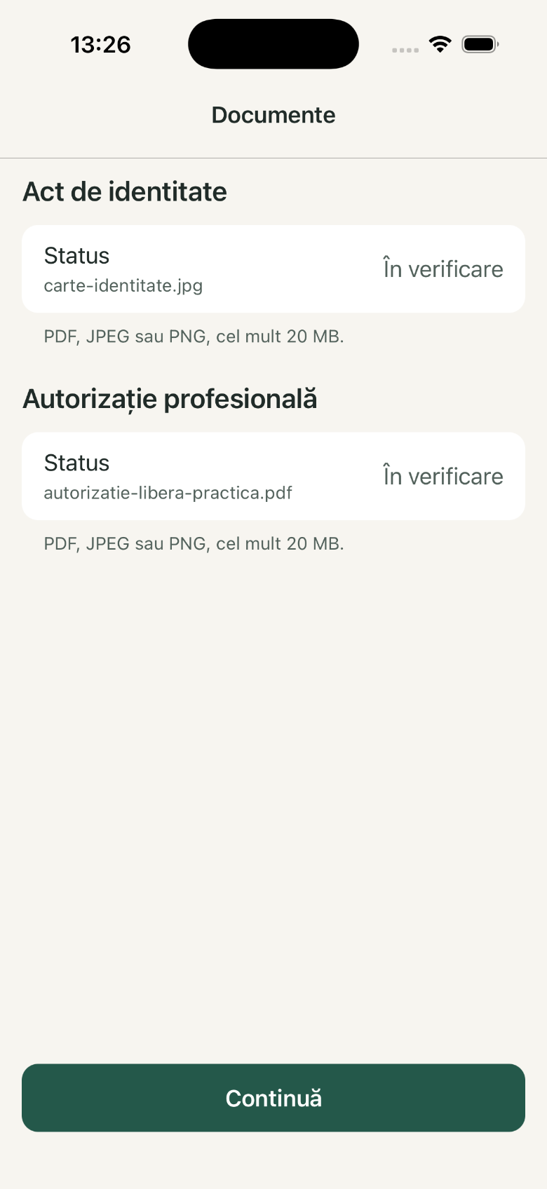 Documente: 1. Act de identitate; 2. Autorizație profesională; 3. Continuă