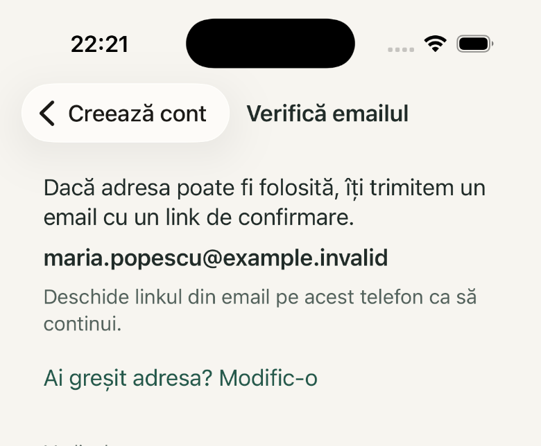 Verifică emailul: 1. Adresa de email; 2. Ai greșit adresa? Modific-o