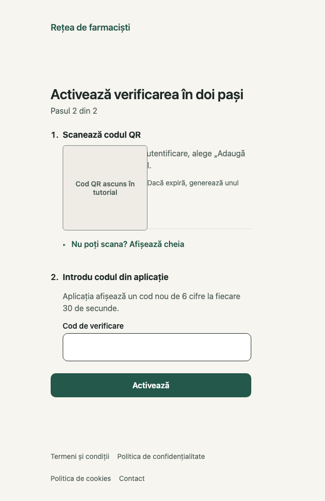 Activează verificarea în doi pași: 1. Scanează codul QR; 2. Nu poți scana? Afișează cheia; 3. Cod de verificare; 4. Activează