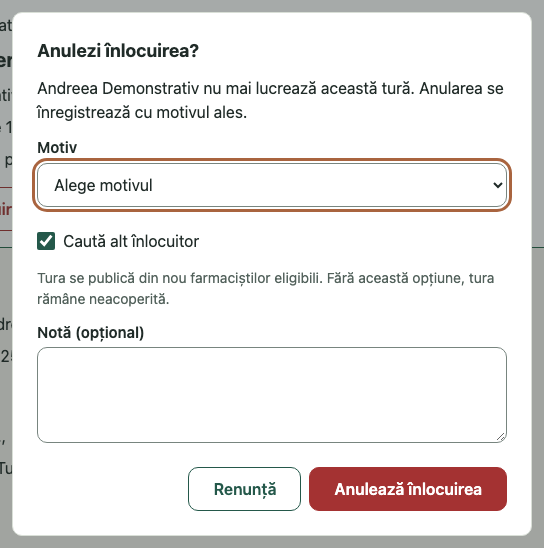 Anulezi înlocuirea?: 1. Anulezi înlocuirea?; 2. Motiv; 3. Caută alt înlocuitor; 4. Anulează înlocuirea