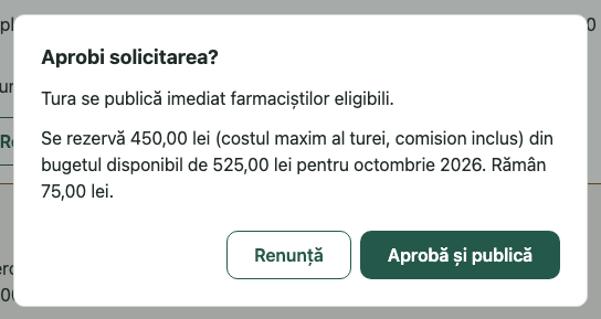 Aprobi înlocuirea?: 1. Aprobi solicitarea?; 2. Se rezervă 450,00 lei din buget; 3. Aprobă și publică