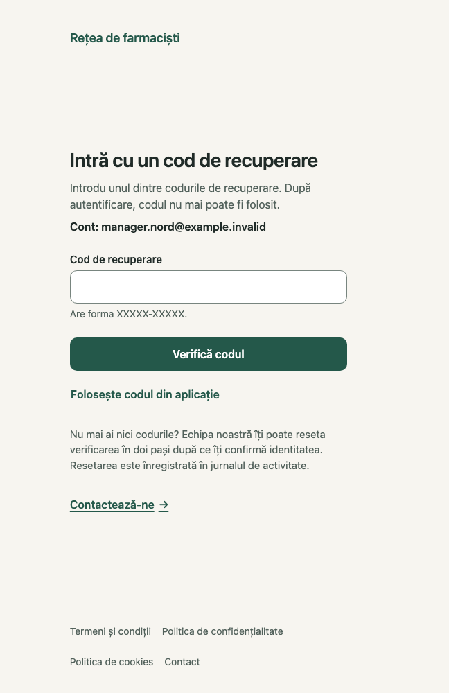 Intră cu un cod de recuperare: 1. Cod de recuperare; 2. Verifică codul; 3. Folosește codul din aplicație; 4. Contactează-ne