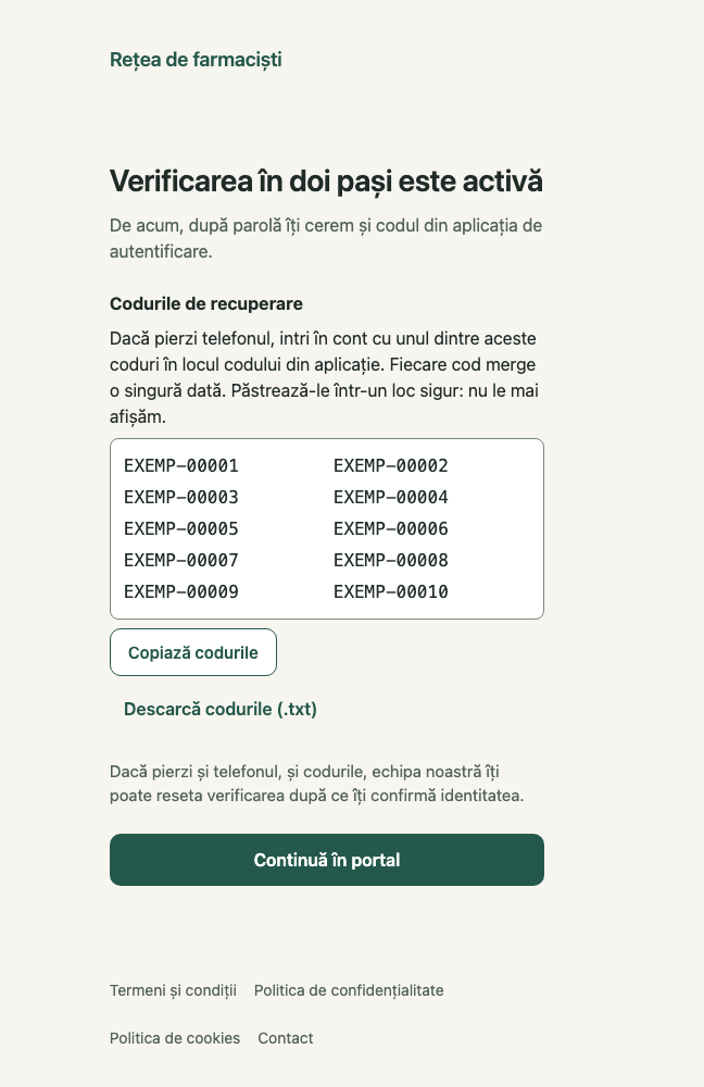 Verificarea în doi pași este activă: 1. Codurile de recuperare; 2. Lista codurilor; 3. Copiază codurile; 4. Descarcă codurile (.txt); 5. Continuă în portal