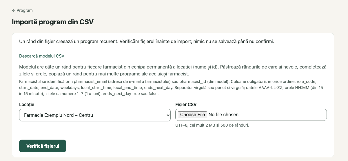 Importă program din CSV: 1. Descarcă modelul CSV; 2. Locație; 3. Fișier CSV; 4. Verifică fișierul