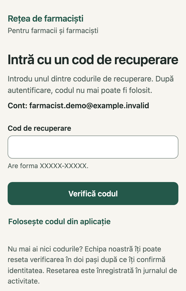 Intră cu un cod de recuperare: 1. Intră cu un cod de recuperare; 2. Cod de recuperare; 3. Verifică codul; 4. Folosește codul din aplicație
