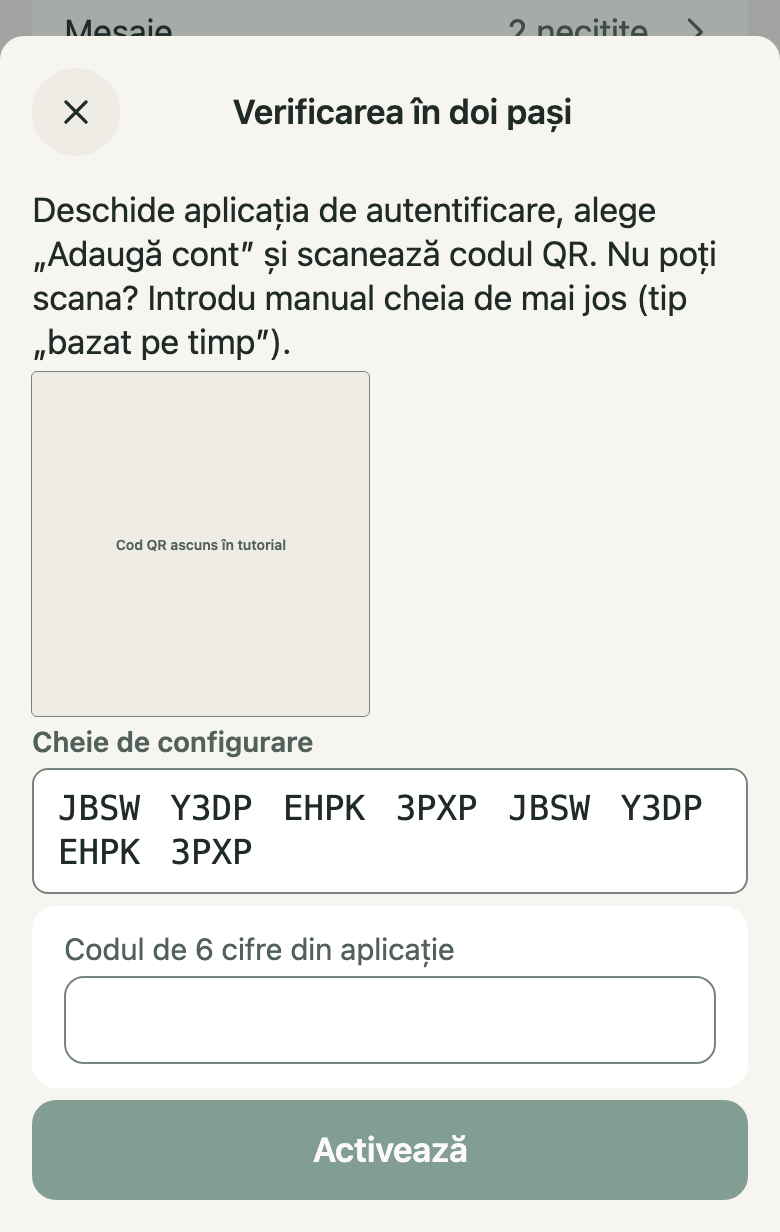 Verificarea în doi pași: 1. Codul QR; 2. Cheie de configurare; 3. Codul de 6 cifre din aplicație; 4. Activează